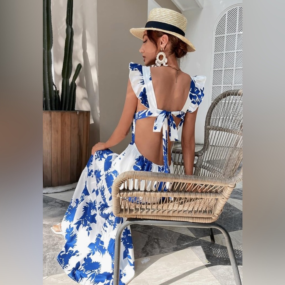 Blue & white square neck maxi dress. - Picture 7 of 7